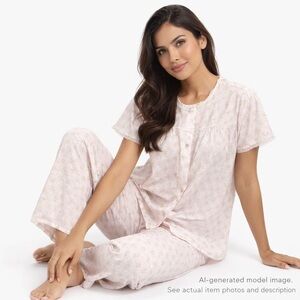 160. Vintage Floral Pajama Set Pink White Lace Trim Size M/L